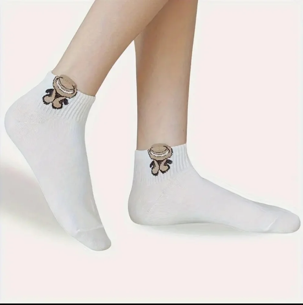 Brown Bear White Ankle Socks  5 Pairs